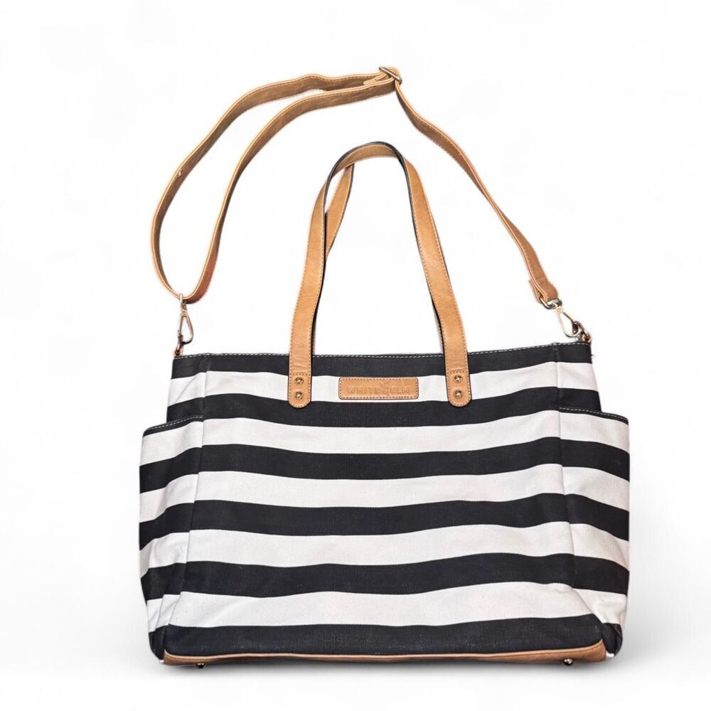 White Elm Aquila Tote Black White Striped Canvas Diaper Work Bag Crossbody